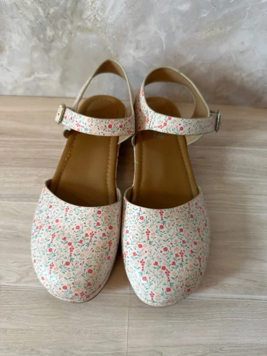 Floral Print Mary Jane Wedge clog Sandals - White with Pink & Green, 5 - Picture 2 of 8